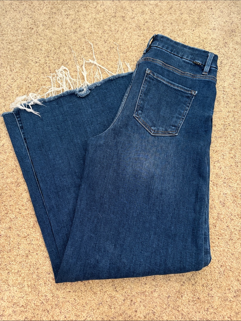 High-Rise Wide-Leg Jeans with Frayed Hem in Dark Blue